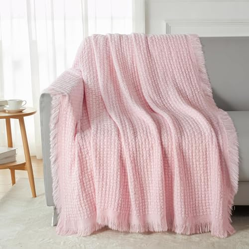 Exclusivo Mezcla Kuscheldecke Strickdecke mit Fransen für Sofa und Bett | Für Sommer, Sofadecke Tagesdecke als Bettüberwurf, weich und leicht, mit strukturierter Optik, 150x200 CM, Rosa
