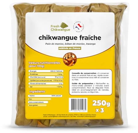 Paquete de Chikwangue fresco tradicional 3 x 250 g cocinado en Francia - Pan de yuca - Yuka - Kwanga - Chikwang - Bobolo - Rico en fibras - 100% yuca - Sin conservantes (lote de 5 chikwangues)