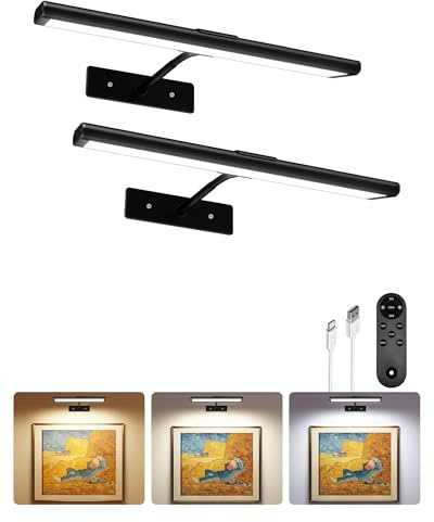 EZVALO Picture Light for Wall, 16'' Black Rechargeable 4800mAh Battery Lights Wireless Remote, Dimmable Magnetic LED Art Painting Light with 3 Color Temperatures, Display for Gallery, Living Room(2P)