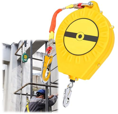 Aocay Imbracatura di Sicurezza Anticaduta Tetto, Dispositivo Anticaduta Retrattile Certificato 3-20 mt, 150kg Dispositivo Retrattile di Sicurezza Anticaduta Lavoro Aereo(Giallo,10 Metri)