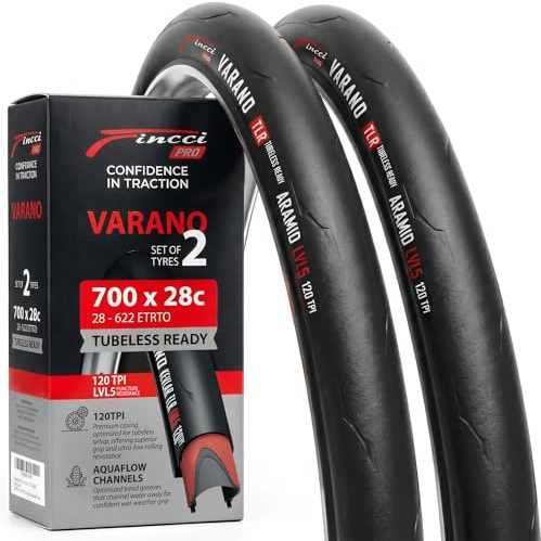 Fincci Pneu 700x28c 28-622 Tubeless Pliable 120 TPI avec Protection Aramid | Pneu 700x28c 28-622 Route avec 120 TPI et Protection Anti-Crevaison Aramid pour une Pression de 80-110 PSI - Lot de 2