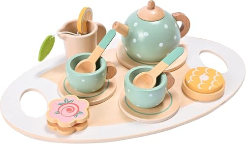 Top Sale Wooden Tea Set for Kids – 15-Piece Montessori Pretend Play Afternoon Tea Set | Wooden Teapot, Cups, Cookies, Lemon Slice & Tray | Toddler Kitchen Toy Tea Party Set for Girls & Boys