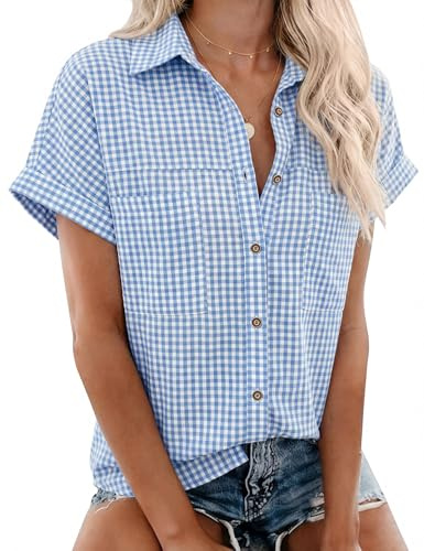 Rapbin Womens Blouses Cotton Short Sleeve V Neck Collared Button Down Shirts with Pockets Ladies Summer Casual Tops for Work Holiday(Blue Plaid,L)