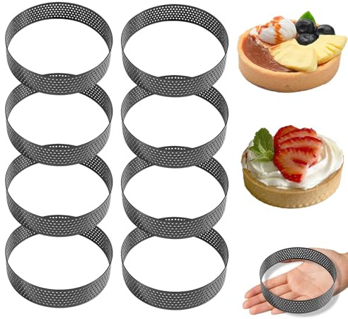 Moldes Perforados, 8 Piezas 10 cm Tartaletas de Acero Inoxidable, Aros para Tartas Anillos Redondos Perforado, Moldes para Anillos de Pastel, para uso en Cocinas y Panaderías, Negro