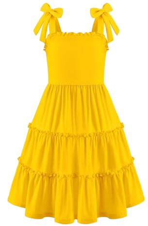 Arshiner Vestido para Niñas Tirantes de Lazo Verano Algodón Elegante Vestido Fiestas sin Mangas de Corte en A para Niñas de 5-14 Años