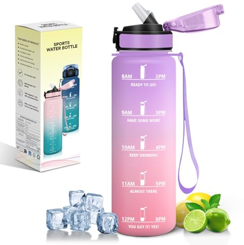Motswedi Borraccia 1 Litro, con Cannuccia, Bottiglia Sportiva, Motivazionale, Borraccia Palestra, a Prova di Perdite, Bottiglia d'acqua, per Sport, Palestra, Ciclismo, Viola chiaro & Rosa chiaro