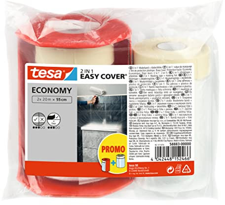 tesa Easy Cover ECONOMY Cover Sheet for Painting - 2 in 1 Protection Foil and Masking Tape for Masking - 2x 20 m x 55 cm + Dispenser