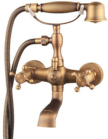 Hiendure® Grifo de bañera de dos asas para montaje en pared con ducha de mano, acabado de latón antiguo