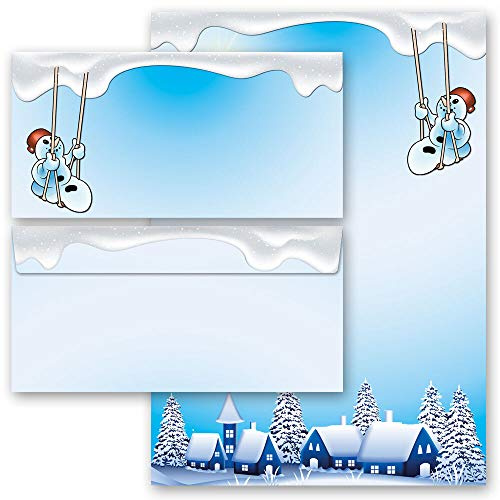 Briefpapier Set, 20 tlg. Jahreszeiten - Winter, FRÖHLICHER SCHNEEMANN 10 Blatt Briefpapier + 10 passende Briefumschläge DIN LANG ohne Fenster | Paper-Media