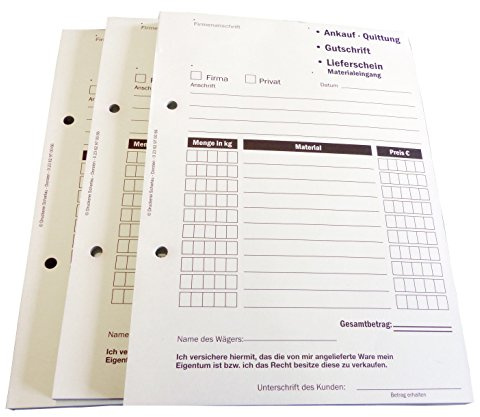 4x Ankaufquittung - Gutschrift - Materialeingang DIN A5, 2-fach selbstdurchschreibend,2x50 Blatt weiß/grün - gelocht (22608)