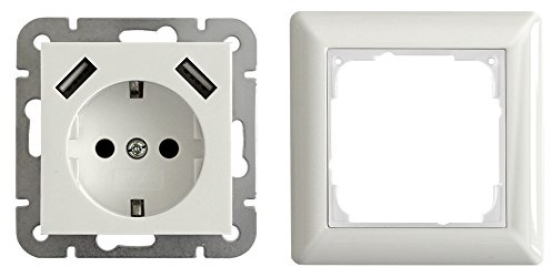 USB Schutzkontakt Steckdose 2 x USB Anschluss 2800mA Unterputz Modell 55 mit Rahmen reinweiß glänzend