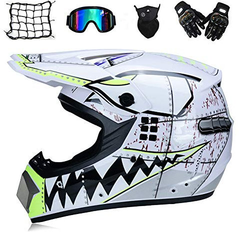 Squalo Bianco - Moto Casco Motocross Kit con Occhiali, Guanti, Face Mask, Rete Elastica Moto, Casco da Cross Bambino Caschi Moto Offroad Enduro Downhill Sport,L