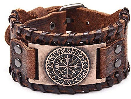 Juland Punk Braided Rope Alloy Bracelet Bangle Wristband Genuine Leather Bracelet Mens Leather Cuff Bracelet Pirate Wristbands Wide Cuff Leather Wrap Adjustable - Brown