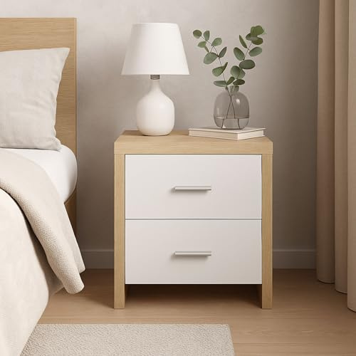 Meyvaser.com Ecommerce Company Mesilla de Noche Dormitorio 2 cajones con guias metalicas, Mesita de Noche Dormitorio Moderna Color Cambrian Blanco