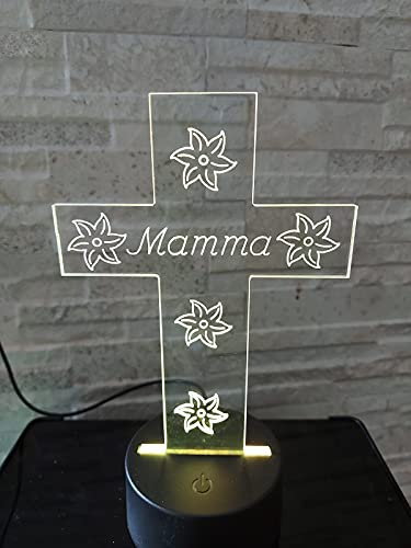 Fatma CROCE PLEXIGLASS A LED CON BASE LUCE RGB SCRITTA MAMMA SACRO VOTIVO RELIGIOSO CIMITERO LUCE NOTTURNA 3D