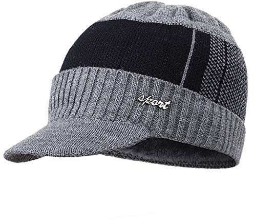 Yixda Wintermütze Herren Warm Beanie Mütze Strickmütze Cap mit Schild (Grau)