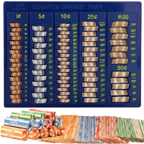 Münzzähler Sortierer Geldtablett – Blundle mit 64 Münzrollenwicklern – 6 Fächer Wechsel-Organizer und Halter, Blaue Farbe, ideal für Bank, Geschäft oder Zuhause