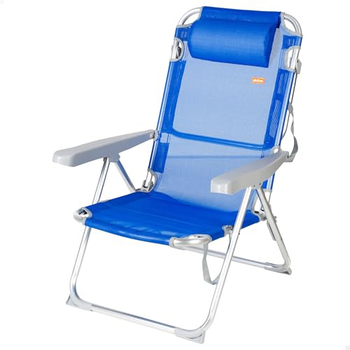 AKTIVE Beach- Chaise de Plage Pliante Haute Multipositions avec Dossier Réglable, Coussin, Protections Anti-Renversement et Poignée de Transport, Aluminium et Textilène, 48X60X90 cm, Bleu