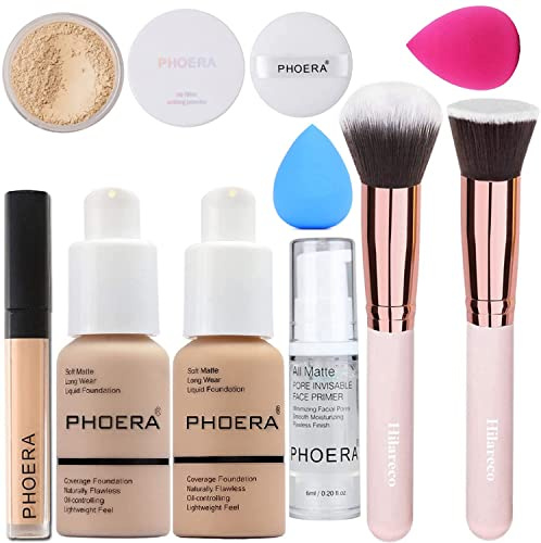 PHOERA Foundation,PHOERA Primer, PHOERA Puder,PHOERA Abdeckstift Concealer Cover Flüssigmatt Full Coverage, Make Up Foundation Pinsel and Puder Pinsel, Make up Schwamm (2 PCS 104# Buff Beige)