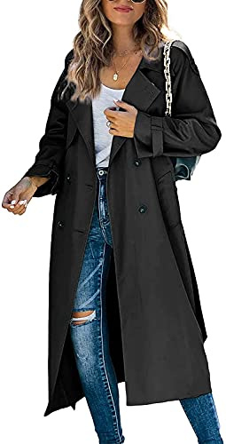 Loalirando Women Casual Long Trench Windproof Coat with Belt Solid Colour Double-Breasted Lapel Collar Windbreaker Jacket Spring Autumn Coat S-2XL (Black, M)