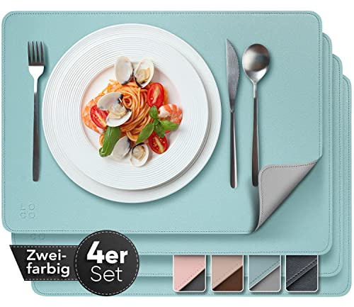 Loco Bird Tischsets beidseitig Petrol/hellgrau 43x30cm - 4er Set aus Kunstleder - Platzsets Abwaschbar - Tischdeckchen aus Lederoptik - Platzdeckchen aus PU-Leder