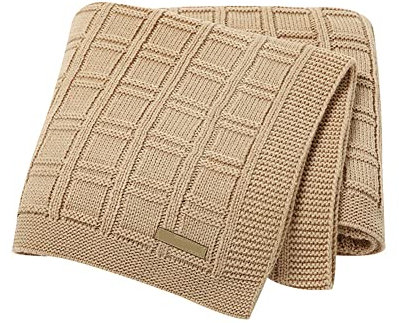 Surwin Strickdecke Babydecke Kuscheldecke Baumwolle, Mädchen und Jungen Babys Gestrickt Kinderdecke Freien Krabbeldecke Perfekt für Kinderwagen Babybett (80x100cm,Khaki)