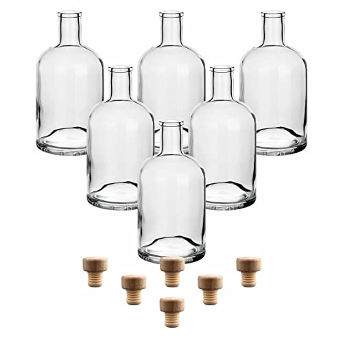 gouveo 6er Set Glasflaschen 700 ml Klassik mit Korken (HGK) - Leere Flasche 0,7 l aus Glas zum Befüllen - Hochwertige Glasflasche für Gin, Whisky, Likör, Schnaps (KFT700HGK)