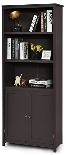 COSTWAY Bücherschrank Bücherregal mit Türen, Hochschrank mit 3 offenen Regalen, Standregal Aktenregal Büroregal für Wohnzimmer Büro, 74,5 x 35,5 x 181,5 cm (Kaffee)