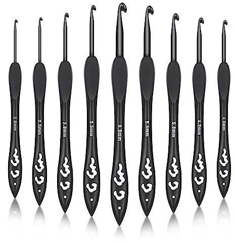 Katech Häkelnadel Set, 9 Stück Schwarz Häkelnadeln Mit Ergonomischer Griff, Leichte Aluminium Häkelnadelsets für Anfänger (2,0-6,0 mm)