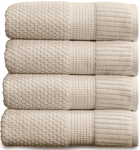 NY Loft 100% Cotton Bath Towel 4 Pack | Super Soft & Absorbent Quick-Dry Bath Towels 30 x 52 | Textured and Durable Cotton | Premium Thick Towels | Trinity Collection (4 Pack Bath Towel, Sand)