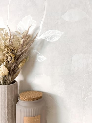 Newroom Vliestapete Weiß Blumentapete Floral Skandinavisch Schlafzimmer | Dezenter Glanz auf zarten Blütenkonturen, tonanmutende Ranken, feine Putzstruktur, warmes Creme, Mustertapete