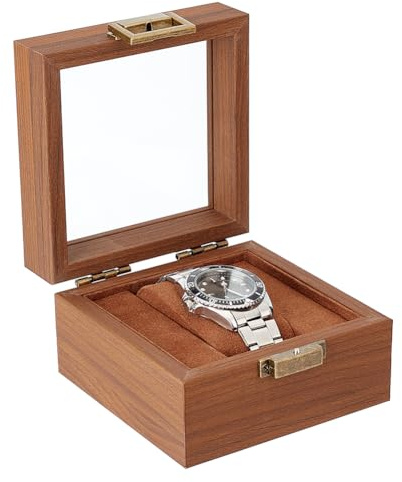 AHANDMAKER Single Watch Display Stand with Clear Glass Window Wood Watch Gift Box Watch Holder for Women and Man Valentine's Gift Jewelry Collection, Coconut Brown