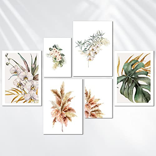 AREDE Set de 6 Cuadros Decoración Pared Modernos Plantas minimalistas ilustradas | 4 x A4 (21 x 30cm) + 2 x A5 (15 x 21cm) | Listo para Colgar Láminas Decorativas Salón y Dormitorios | Sin marcos