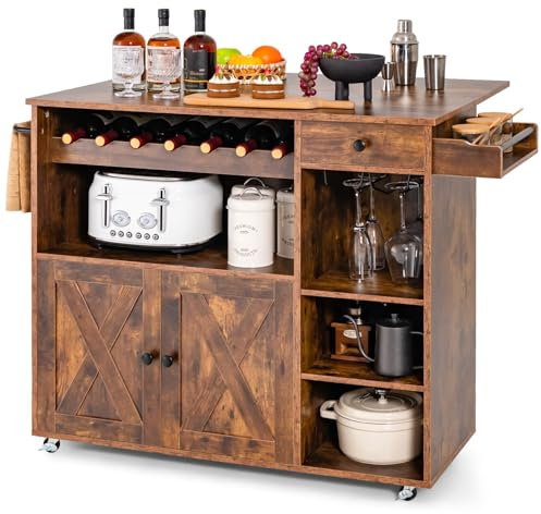 COSTWAY Küchenwagen auf Rollen, Servierwagen mit klappbarer Arbeitsplatte & Gewürzregal, Kücheninsel Holz mit Weinregal & Schublade & Glashalter, Kücheninselwagen Rollbar, für Küche Esszimmer, Braun