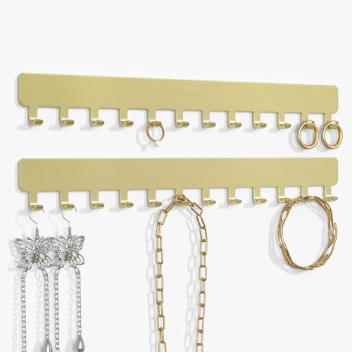 Bussdis Necklace Holder Hanging Jewelry Organizer: Self-Adhesive Wall Organizer for Necklaces, 2 Pack, Gold