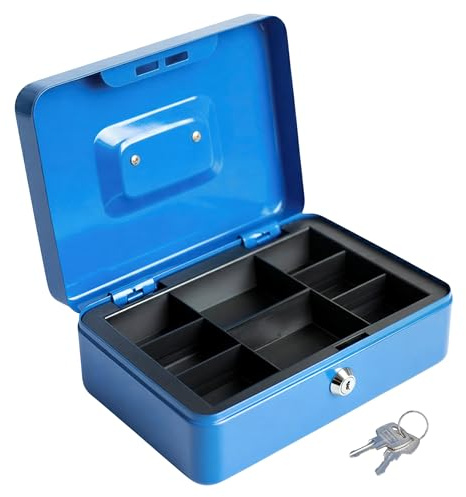 Luxtrous Money Box, 8 Inch Lockable Cash Box With 2 Keys, Money Tin With Removable Tray, Petty Cash Deposit Tin, Easy to use & Strong metal box (Blue)