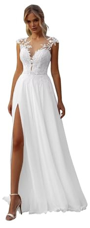 JAEDEN Damen Boho Brautkleider Spaghettiträger Spitze Strand Brautmode A-Linie Tüll Hochzeitskleider
