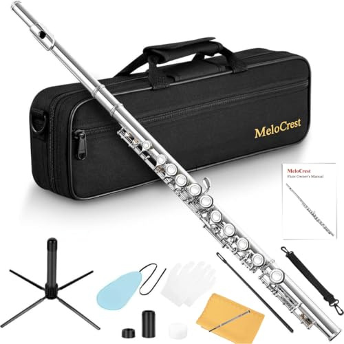 MeloCrest Nickel Plated Closed Hole Flute for Beginner Student and School Orchestra Band, 16 Keys C Flute with Carrying Case, Stand, Gloves, Cleaning Kit & Tuning Rod and More