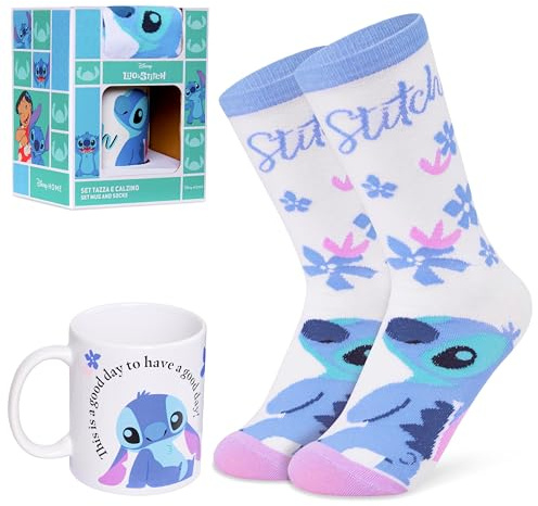 Disney Stitch Mug and Calf Socks Gift Set for Women Teenagers Cute 312ml Ceramic Mug Soft Socks, Stocking Filler Gifts for Her (White/Blue)