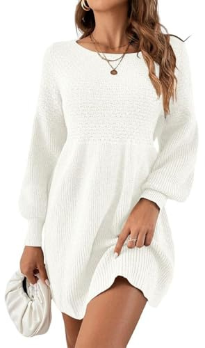 Saodimallsu Abito da donna a maniche lunghe con scollo tondo, con scollo a imbuto, aderente in vita, elegante, in maglia, abito a pullover, abito a linea, miniabito, bianco, S