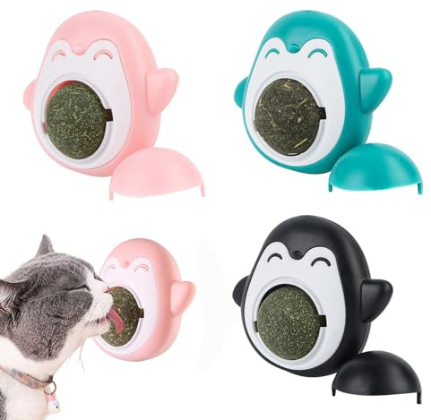SUPRROW Palla per leccare erba gatta per gatti, 3 pezzi, palline da parete girevoli per la pulizia dei denti, giocattoli da masticare per gattini