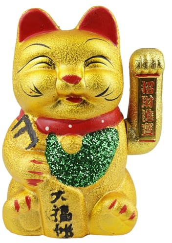 Glückskatze Maneki-neko Augen zu Winkekatze aus Keramik 17cm gold