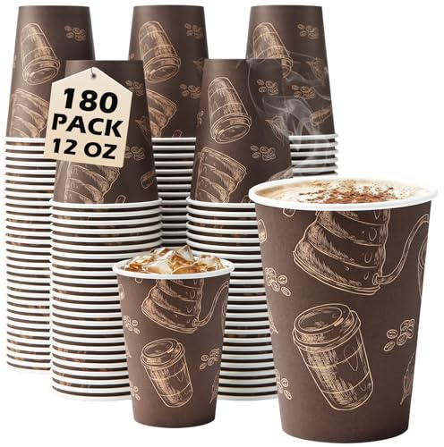 Huifany Coffee Cups 12 oz Paper Cups 180 Pack, Thickened Paper Coffee Cups Disposable 12 oz Coffe Cup, Hot/Cold Beverage Drinking Cup for Office, Home, Party