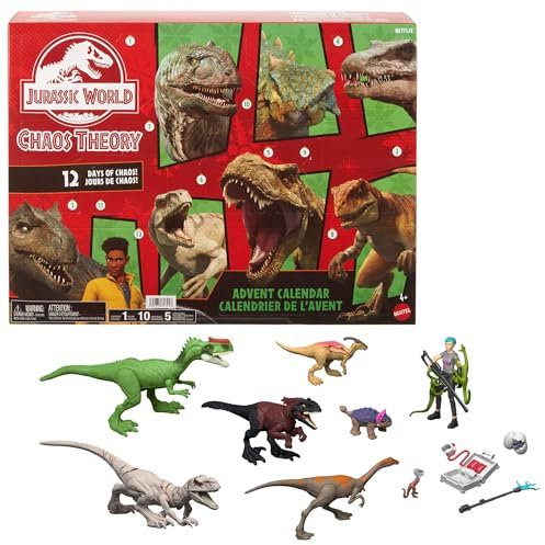 Jurassic World Chaostheorie Exklusiver Adventskalender mit 12 Türchen, 12 Tage voller Überraschungen, Smoothie und 8 weitere Dinosaurier-Figuren, Brooklynn-Figur, JGM17