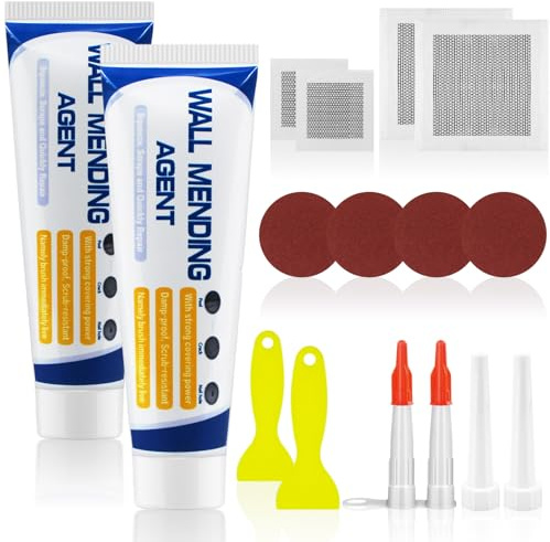 Amentalove Wall Filler Repair Kit, 2Pcs Wall Repair Cream 150g, Spackle Polyfiller Kit with 2 and 4'' Drywall Patch, Sandpaper, Scraper, Paste, for Repairing Holes Peeling Graffiti Cracks