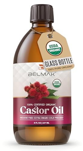 BELMAK Organic Castor Oil Cold Pressed Unrefined, USDA Certified & Hexane Free, 100% Pure Ricinus Communis Oil for Hair, Scalp, Brows and Lashes in Amber Glass Bottle (8 oz)