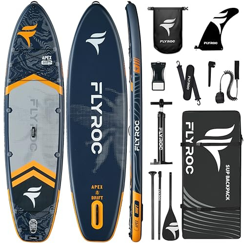 FLYROC Aufblasbares Paddelbrett, extra breit, 300 kg Kapazität, Stand-Up-Paddle-Board für Erwachsene (3 Stück), stabiles aufblasbares SUP, alle Fähigkeitsstufen, 3 Griffe, 100 l Rucksack, 3 Paddel, 5