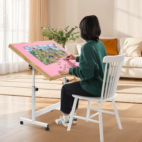 Ynredee Wooden Jigsaw Puzzle Table for Adults,Jigsaw Puzzle Storage Folding Tilting Table with Height Adjustment & Wheels,Portable Board for Games,Gift for Puzzle Amateu (Pink,1500 Pcs)