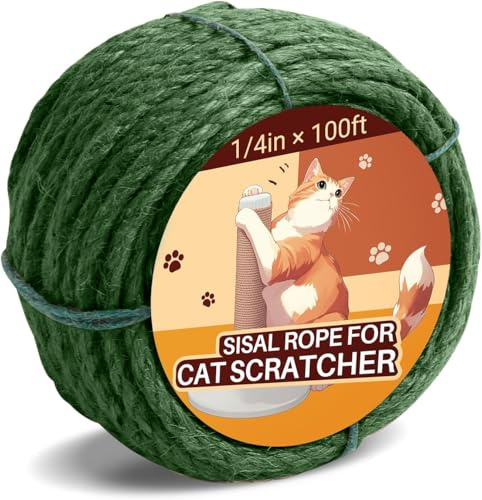 Sisal Rope for Cat Scratcher 1/4 100 Ft Cat Tree Twine for Repairing Cat Scratching Post Replacement DIY Hemp Rope for Carpet Mat, Pet Toy, and Crafts Gardening Home Decorating (Green)