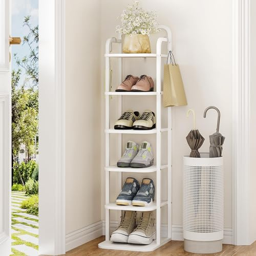 Hzuaneri Vertikales Schuhregal, 6-Stöckige, Platzsparend, Weiß | Schuhturm für Kleine Räume, Freistehend, Verstellbar, SR04213W
